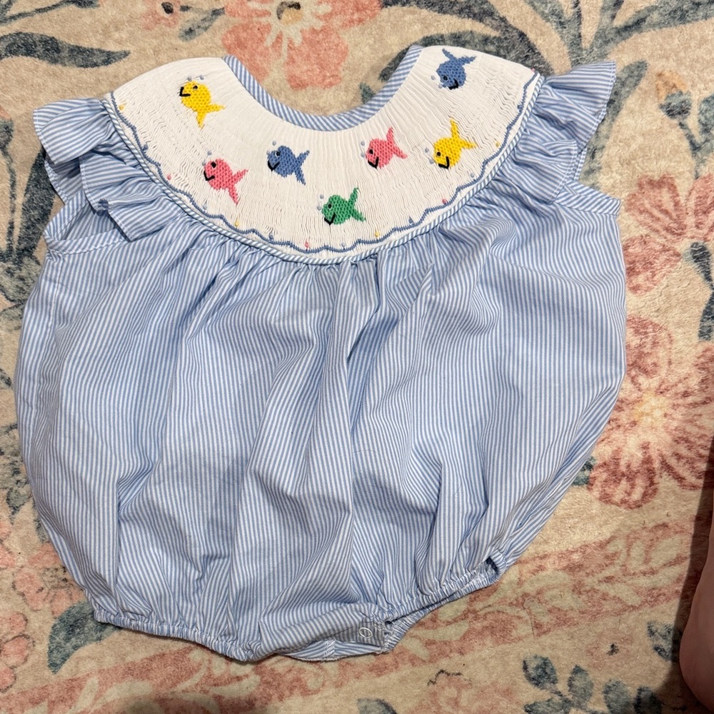 Blue Striped girl bubble with Fish Embroidery